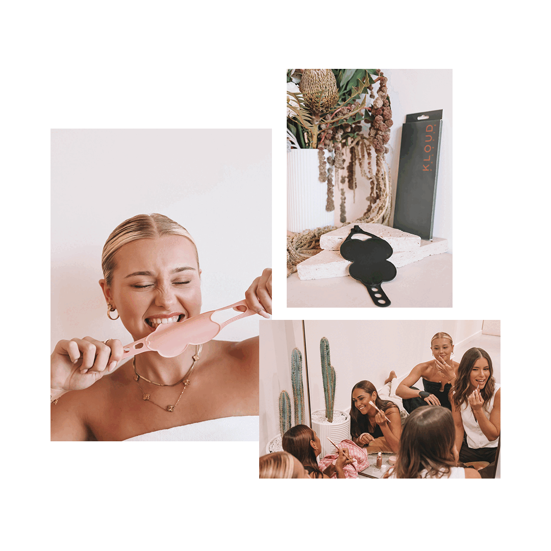 A looping GIF featuring Kloud Palette in soft pink—playful beauty shots of a model holding the cloud-shaped mixing palette, close-up of the sleek product packaging, and a joyful group of women enjoying a beauty session together. Designed for hygienic, creative makeup mixing by modern beauty professionals.
